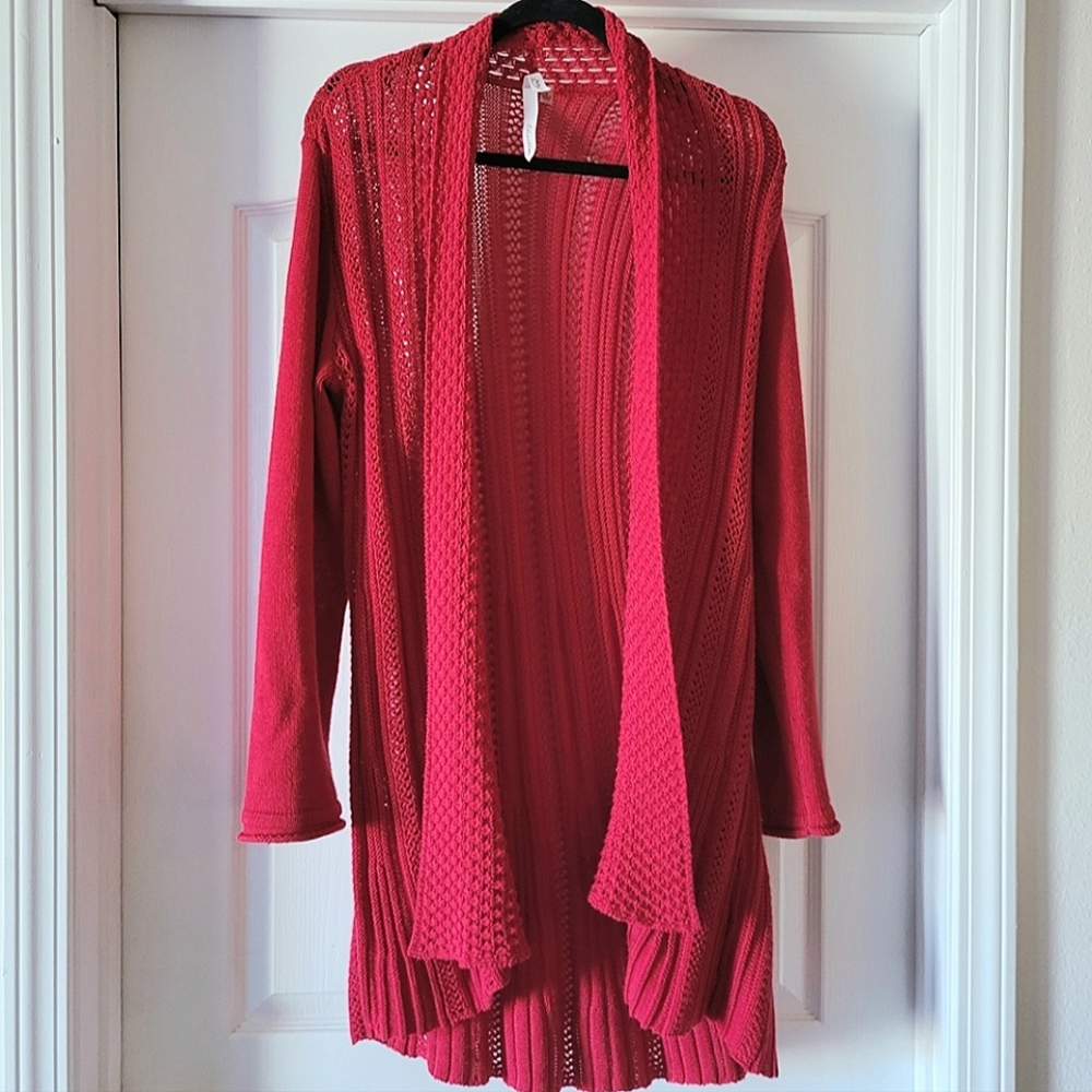 NY Collection Red Cardigan Knit Sweater Top Layer Long Sleeve Crochet